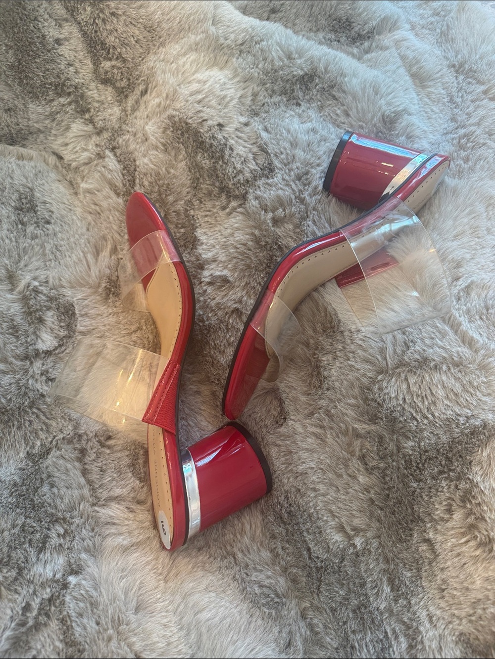 Adrienne Vittadini Red Patent Block Heel Sandals with Clear Straps. Sz  9